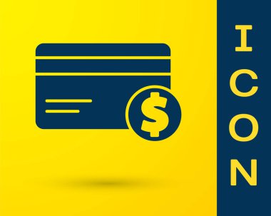 Mavi kredi kartı ve dolar sembolü sarı arka planda izole edilmiş. Çevrimiçi ödeme. Nakit çekilmesi. Finansal operasyonlar. Vektör İllüstrasyonu.