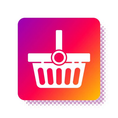 Beyaz alışveriş sepeti simgesi beyaz arkaplanda izole edildi. İnternetten satın alma konsepti. Servis tabelası. Alışveriş arabası sembolü. Kare renk düğmesi. Vektör İllüstrasyonu.