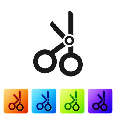 Siyah tıbbi makas simgesi beyaz arkaplanda izole edilmiş. Renkli kare düğmelerle simgeleri ayarla. Vektör İllüstrasyonu.