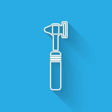 Beyaz çizgi tıbbi otoskop araç simgesi uzun gölgeli izole edildi. Tıbbi alet. Vektör İllüstrasyonu.