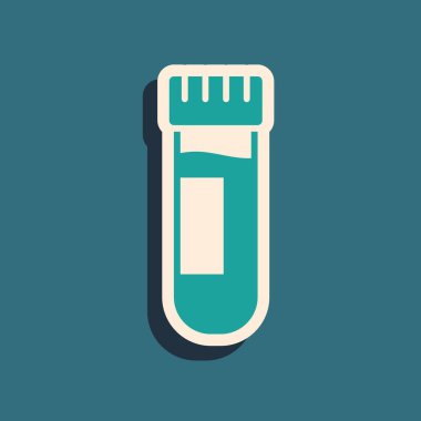 Yeşil test tüpü ya da yeşil arka planda kan ikonu olan matara. Laboratuvar, kimyasal, bilimsel cam levha. Uzun gölge tarzı. Vektör İllüstrasyonu.