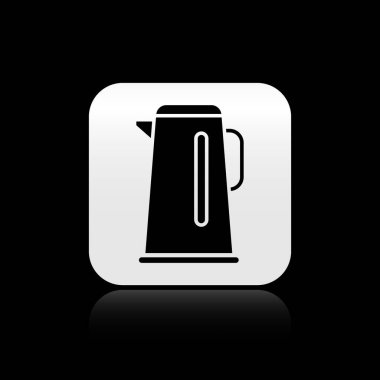 Siyah arka planda ikonu olan siyah çaydanlık. Çaydanlık ikonu. Gümüş kare düğme. Vektör İllüstrasyonu.