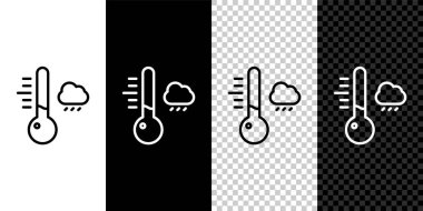Meteoroloji termometresi çizgisi simgesini siyah ve beyaz arkaplanda izole et. Termometre termometresi sıcak ya da soğuk hava gösteriyor. Vektör İllüstrasyonu.