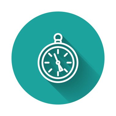 Beyaz çizgi pusula simgesi uzun gölgeli izole edildi. Rüzgâr yön bulma sembolü. Rüzgar gül işareti. Yeşil daire düğmesi. Vektör İllüstrasyonu.