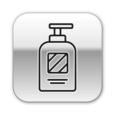 Beyaz arka planda izole edilmiş siyah çizgi şampuan ikonu. Gümüş kare düğme. Vektör İllüstrasyonu.