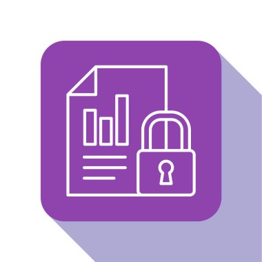 Beyaz çizgi Belgesi ve kilit simgesi beyaz arkaplanda izole edildi. Dosya biçimi ve asma kilit. Güvenlik, güvenlik, koruma kavramı. Mor kare düğme. Vektör İllüstrasyonu.