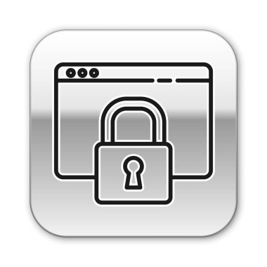 Siyah çizgi HTTPS ve SSL simgeleri ile sitenizi emniyete alın. İnternet iletişim protokolü. Gümüş kare düğme. Vektör İllüstrasyonu.