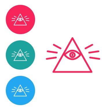 Kırmızı çizgi Masonların sembolü Tanrı 'nın her şeyi gören ikonu beyaz arka planda izole edilmiş. Üçgendeki Tanrı 'nın Gözü. Simgeleri daire düğmelerine ayır. Vektör İllüstrasyonu.