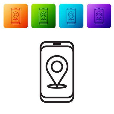 Şehir haritası yön bulma simgesinin siyah çizgi bilgileri beyaz arkaplanda izole edildi. Mobil Uygulama Arayüzü tasarımı. Coğrafi konsept. Renkli kare düğmelerle simgeleri ayarla. Vektör İllüstrasyonu.