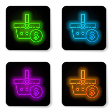 Parlayan neon hattı alışveriş sepeti ve beyaz arka planda izole edilmiş dolar sembolü. İnternetten satın alma konsepti. Teslimat servisi. Alışveriş arabası. Siyah kare düğme. Vektör İllüstrasyonu.