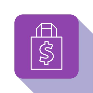 Beyaz çizgi Shoping çantası ve dolar sembolü beyaz arkaplanda izole edilmiş. El çantası işareti. Kadın çanta ikonu. Kadın el çantası işareti. Mor kare düğme. Vektör İllüstrasyonu.