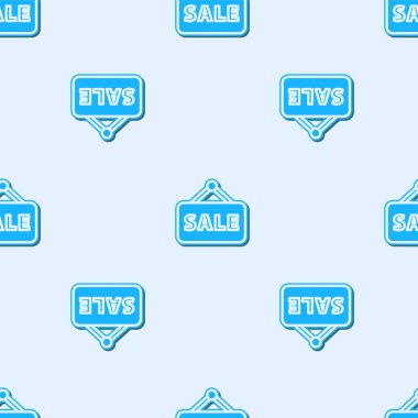 Mavi çizgi asılı işareti ile metin satışı simgesi gri arka planda izole edilmiş pürüzsüz desen. Mesaj indirimli tabela. Vektör İllüstrasyonu.