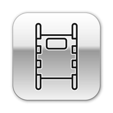 Siyah çizgi sedye simgesi beyaz arkaplanda izole edildi. Hastanenin tıbbi sedyesi. Gümüş kare düğme. Vektör İllüstrasyonu.