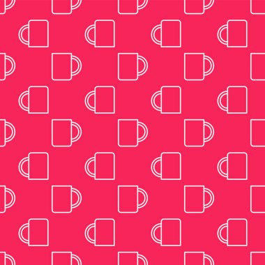 Beyaz çizgi kahve bardağı ikonu kırmızı arka planda pürüzsüz desen izole etti. Çay fincanı. Sıcak içecek kahvesi. Vektör İllüstrasyonu.