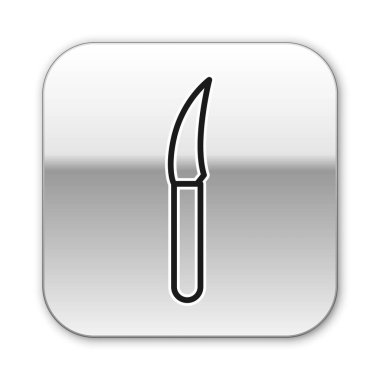 Siyah çizgi bıçak simgesi beyaz arkaplanda izole edildi. Çatal bıçak sembolü. Gümüş kare düğme. Vektör İllüstrasyonu.