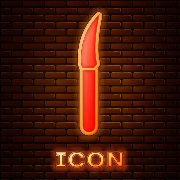 Иконка Светящегося Неонового Ножа Изолирована Фоне Кирпичной Стены Символ Столовых — стоковый вектор