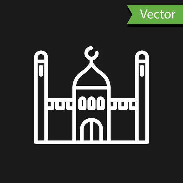 Icono Mezquita Musulmana Línea Blanca Aislado Sobre Fondo Negro Ilustración — Vector de stock