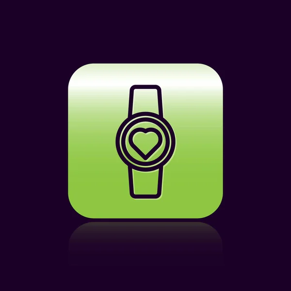 Schwarze Linie Smartwatch Mit Herzfrequenzsymbol Auf Schwarzem Hintergrund Fitness App — Stockvektor