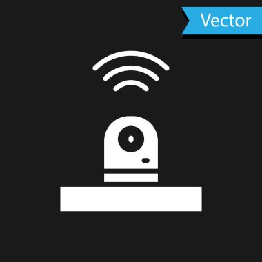 Beyaz Akıllı güvenlik kamerası simgesi siyah arkaplanda izole edildi. İnternet kavramının kablosuz bağlantısı. Vektör.