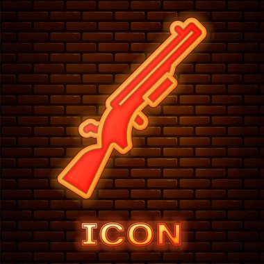 Parlayan neon Shotgun ikonu tuğla duvar arkasında izole edildi. Avcı silahı. Vektör.