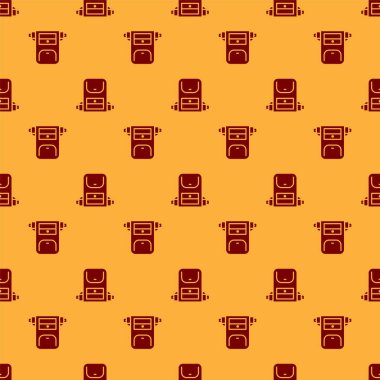 Kırmızı Yürüyüş sırt çantası simgesi kahverengi arka planda iz bırakmış. Kamp ve dağ gezisi sırt çantası. Vektör.