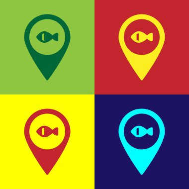 Pop Art Konumu balıkçılık simgesi renk arkaplanında izole edildi. Balıkçılık yeri. Vektör.