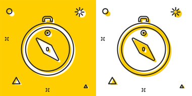 Sarı ve beyaz arkaplanda siyah pusula simgesi izole edildi. Rüzgâr yön bulma sembolü. Rüzgar gül işareti. Rastgele dinamik şekiller. Vektör.