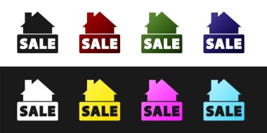 Siyah ve beyaz arkaplanda izole edilmiş metin satışı simgesi ile asılı işaretini ayarla. Mesaj indirimli tabela. Vektör.