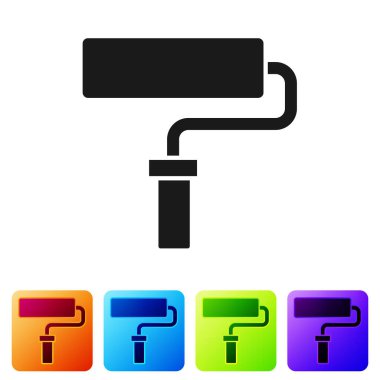 Beyaz arkaplanda siyah boya fırça ikonu izole edildi. Renkli kare düğmelerle simgeleri ayarla. Vektör.