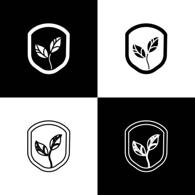 Siyah beyaz arkaplanda yaprak simgesi olan kalkanı ayarlayın. Yapraklı çevre dostu güvenlik kalkanı. Vektör.
