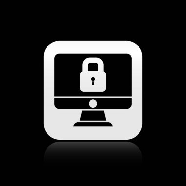 Siyah arkaplanda izole edilmiş bilgisayar monitörü simgesindeki Kara Kilit. Güvenlik, güvenlik, koruma kavramı. Güvenli bir ağ. Gümüş kare düğme. Vektör.