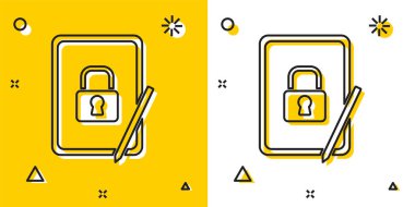 Sarı ve beyaz arkaplanda kapalı asma kilit simgesine sahip siyah grafiksel tablet. Kilitli telefon. Gezici güvenlik, güvenlik, koruma konsepti. Rastgele dinamik şekiller. Vektör.