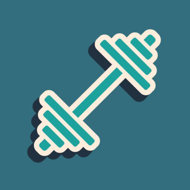 Yeşil Dumbbell simgesi yeşil arkaplanda izole edildi. Kas kaldırma ikonu, fitness halteri, spor aletleri, egzersiz yaban domuzu. Uzun gölge tarzı. Vektör.