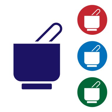 Mavi havan topu ve tokmak simgesi beyaz arkaplanda izole edildi. Renkli kare düğmelerle simgeleri ayarla. Vektör.