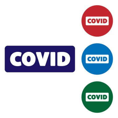 Mavi Corona virüsü covid-19 simgesi beyaz arkaplanda izole edildi. Bakteri ve mikroplar, hücre kanseri, mikrop, mantar. Renkli kare düğmelerle simgeleri ayarla. Vektör..