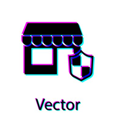 Beyaz zemin üzerinde kalkan simgesi olan siyah alışveriş binası. Sigorta konsepti. Güvenlik, güvenlik, koruma, konsept koruma. Vektör..