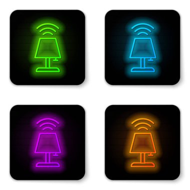 Parlayan neon hattı Akıllı masa lambası ikonu beyaz arkaplanda izole edildi. İnternet kavramının kablosuz bağlantısı. Siyah kare düğme. Vektör.