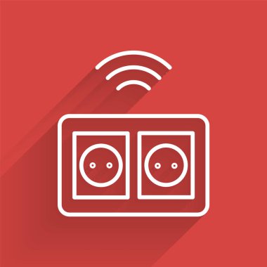 Beyaz çizgi Akıllı elektrik çıkış sistemi simgesi uzun gölgeli izole edilmiş. Elektrik prizi. İnternet kavramının kablosuz bağlantısı. Vektör.