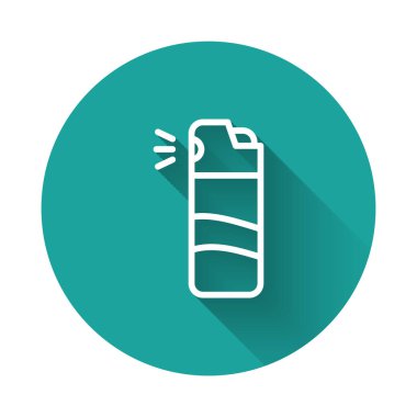 Uzun gölgeli beyaz çizgi biber gazı ikonu. OC gazı. Capsicum nefsi müdafaa spreyi. Yeşil daire düğmesi. Vektör.