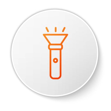 Beyaz arkaplanda turuncu çizgi el feneri simgesi izole edildi. Beyaz daire düğmesi. Vektör.