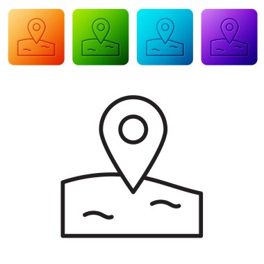 Siyah çizgi konum balıkçılık ikonu beyaz arka planda izole. Balıkçılık yeri. Renkli kare düğmelerle simgeleri ayarla. Vektör.