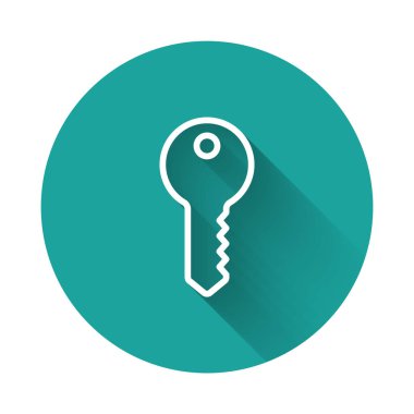 Beyaz çizgi ev anahtarı simgesi uzun gölgeli izole edilmiş. Yeşil daire düğmesi. Vektör.