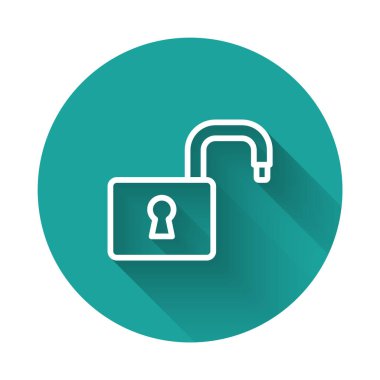 Beyaz çizgi Açık asma kilit simgesi uzun gölgeyle izole edildi. Kilit açık işareti. Siber güvenlik kavramı. Dijital veri koruması. Yeşil daire düğmesi. Vektör.