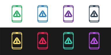 Siyah ve beyaz arkaplanda ünlem işareti simgesi olan bir cep telefonu hattı ayarla. Uyarı mesajı akıllı telefon uyarısı. Vektör.