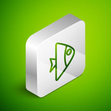 Isometric line Fish simgesi yeşil arka planda izole edildi. Gümüş kare düğme. Vektör..