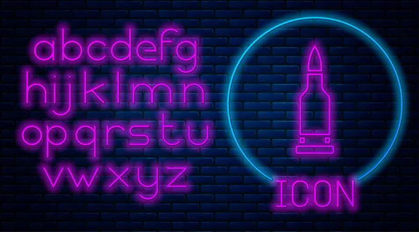 Parlayan Neon Kurşun Ikonu Tuğla Duvar Arkasında Izole Edilmiş Neon — Stok Vektör