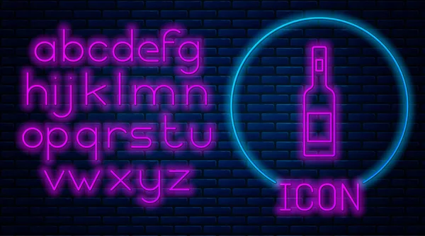 Zářící Neon Skleněná Láhev Vodky Ikona Izolované Pozadí Cihlové Stěny — Stockový vektor
