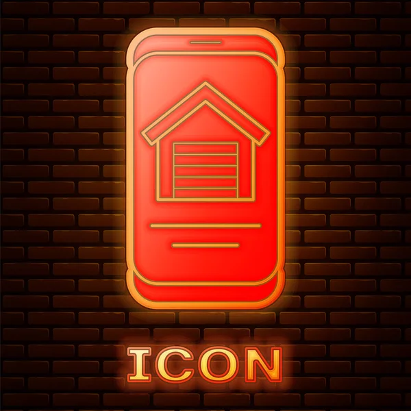 Zářící Neon Online Realitní Dům Ikonu Smartphone Izolované Cihlové Zdi — Stockový vektor