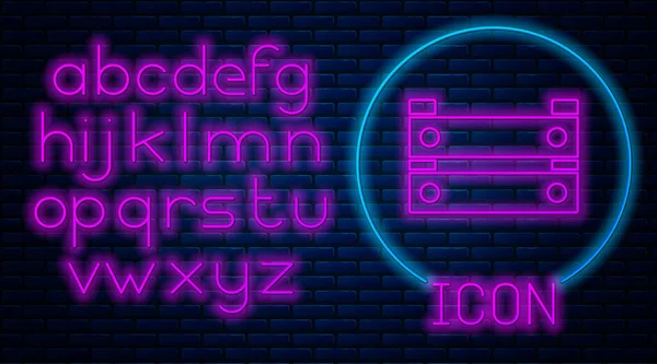 Gloeiende Neon Houten Doos Pictogram Geïsoleerd Bakstenen Muur Achtergrond Kruideniersmand — Stockvector