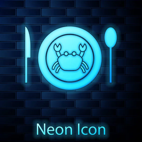 Žhnoucí Neon Podává Krab Ikonu Desky Izolované Cihlové Zdi Pozadí — Stockový vektor